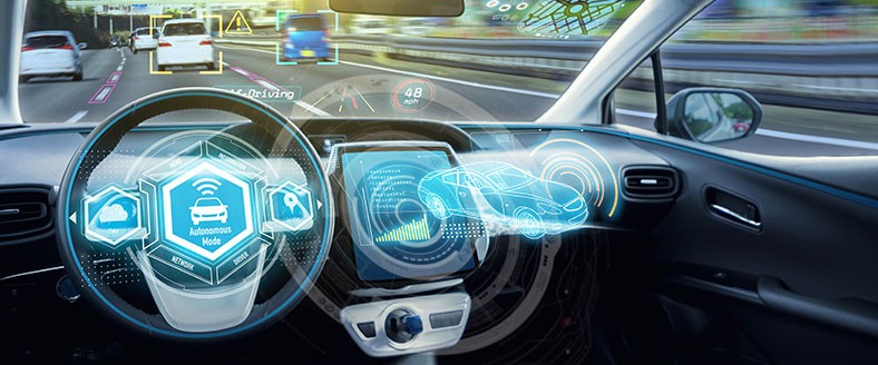 Empty cockpit of autonomous car, HUD(Head Up Display) and digital speedometer. autonomous car. driverless car. self-driving vehicle.